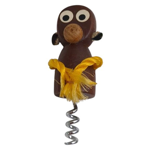 4 Wise Monkeys Wood Wine Set Stopper Corkscrew Bottle & Can Opener MCM Vintage - Picture 4 of 9